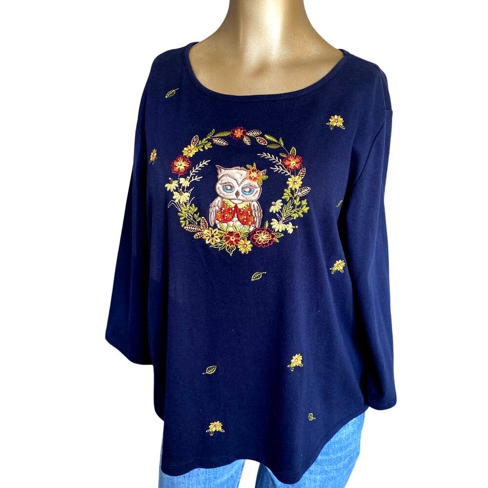 Alfred Dunner Petite Medium Navy Blue Embroidered Owl Top Floral 3/4 Sleeve PM